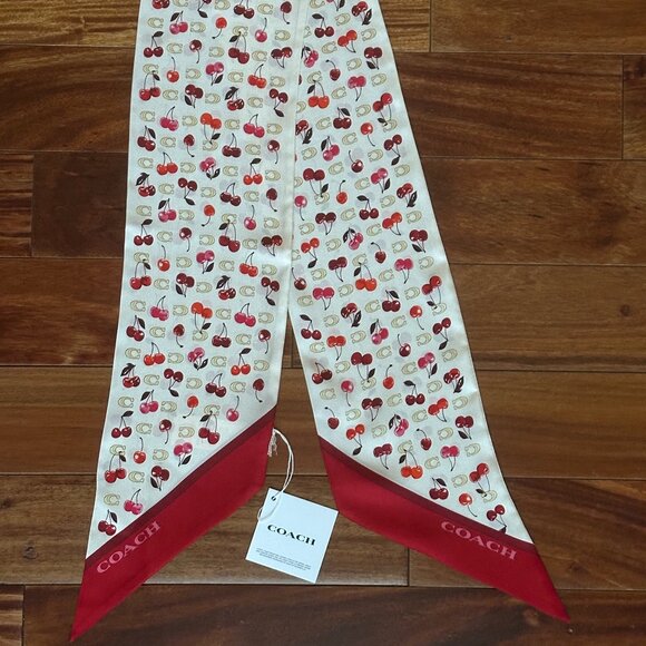 COACH SCULPTED C CHERRIES PRINT SILK WIDE SKINNY SCARF:NWT CDG77 - Picture 1 of 9